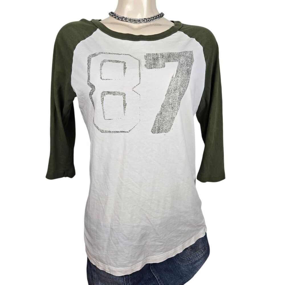 Vtg Aeropostale 87 Raglan T-Shirt Sz L Ivory Green 3/4 Grunge Y2K Retro USA Made